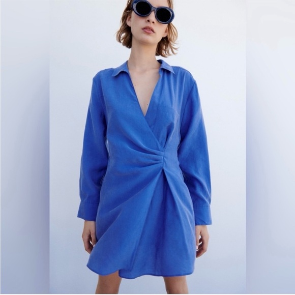 Zara Blue Long Sleeve Mini Wrap Dress. Size XS - Picture 8 of 13